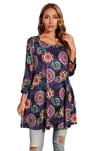 Enmain Damen Tunika Casual T-Shirt Langarm Longshirt Oberteile Locker Blusen Blumen Rundhals Tuniken Tops für Dame Große Größen Frühling Herbst S von Enmain