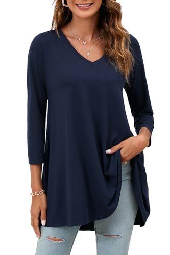 Enmain Damen Tunika Große Größen 3/4 Ärmel Longbluse Tunika Damen Navy Blau Langarm V Ausschnitt Elegant Swing Longline Blusen Longshirt Lässig Für Leggings, 5XL von Enmain