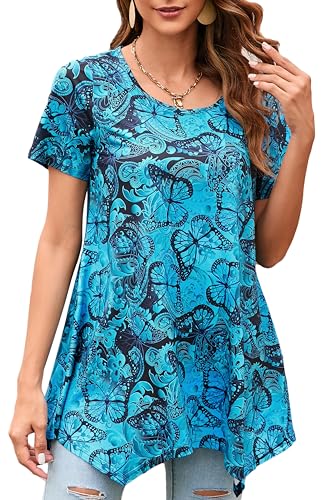 Enmain Tunika Damen Sommer Kurzarm Elegante Blau Schwarz Longshirt Damen Lässig Tunika Damen große Größen Rundhalsausschnitt T Shirt Blusen, Blau Schwarz, XL von Enmain