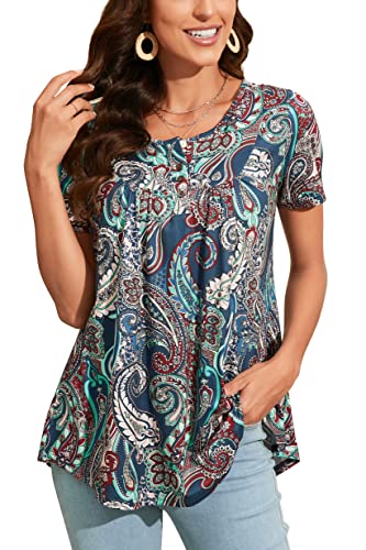 Enmain Damen Tunika Kurzarm Lose Tunika Tops für Leggings Longline Damen V-Ausschnitt Tunika Bluse Übergröße T-Shirt Bluse mit Knöpfen Blumenbedrucktes Damen T-Shirt,S1-Marineblau/Aqua,2XL von Enmain