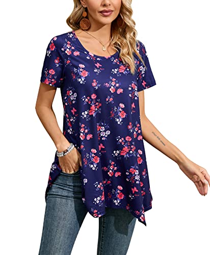 Enmain Damen Tunika Kurzarm Sommer Große Größen Elegant Blumen Blusen Tuniken Für Frauen Weihnachten Festliche Bluse Long Oberteil Shirt,Blau Violett,2XL von Enmain