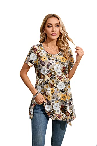 Enmain Damen Tunika Kurzarm Sommer Große Größen Elegant Blumen Blusen Tuniken Für Frauen Weihnachten Festliche Bluse Long Oberteil Shirt,Mehrfarbig,2XL von Enmain