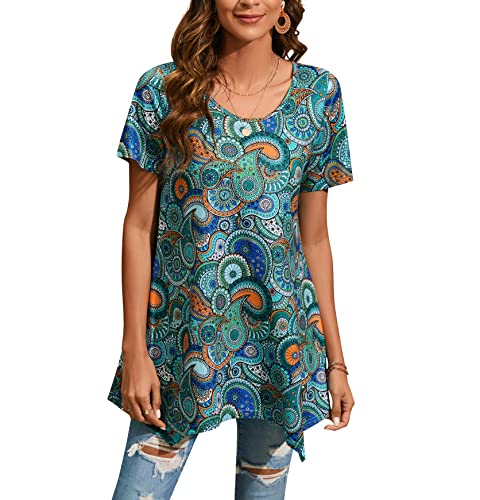 Enmain Damen Tunika Kurzarm Sommer Große Größen Elegant Blusen Tuniken Für Frauen Weihnachten Festliche Bluse Long Oberteil Shirt,Blau & Orange,L von Enmain