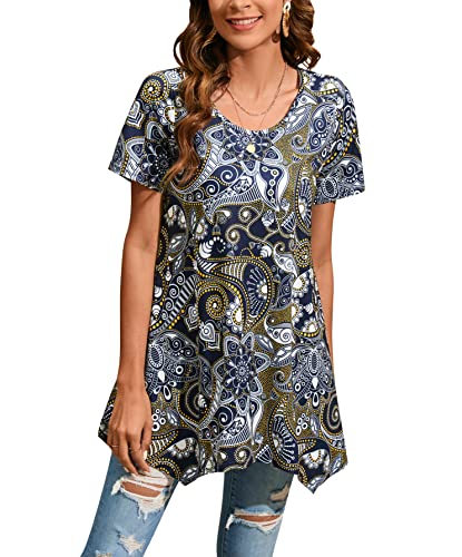 Enmain Damen Tunika Kurzarm Sommer Große Größen Elegant Blusen Tuniken Für Frauen Weihnachten Festliche Bluse Long Oberteil Shirt,Marineblau,M von Enmain