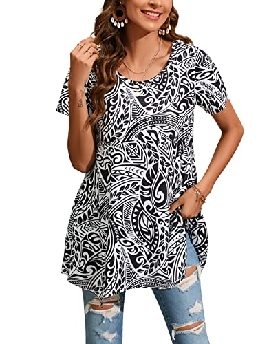 Enmain Damen Tunika Kurzarm Sommer Große Größen Elegant Blusen Tuniken Für Frauen Weihnachten Festliche Bluse Long Oberteil Shirt,Schwarz & Weiß,2XL von Enmain