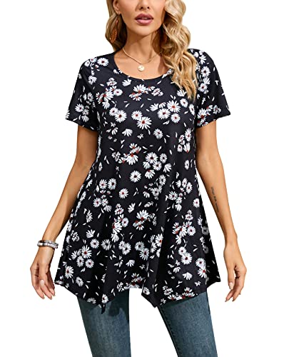 Enmain Damen Tunika Kurzarm Sommer Große Größen Elegant Gänseblümchen Blusen Tuniken Für Frauen Weihnachten Festliche Bluse Long Oberteil Shirt,Schwarz/Weiß,3XL von Enmain