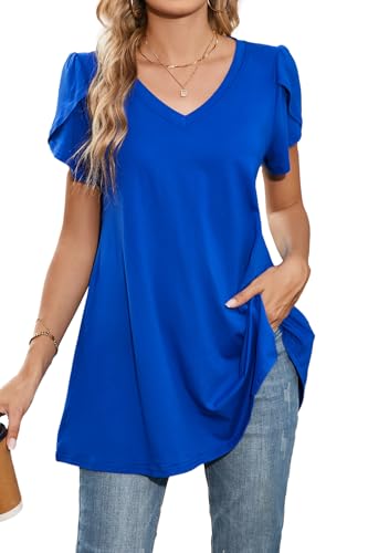 Enmain Damen Tunika Kurzarm Sommer V Ausschnitt Blusen Tunika Große Größen Lockere Passform Oberteile T-Shirt Elegante Lässiges Swing Königs Blau 3XL von Enmain