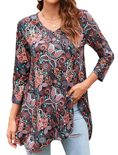 Enmain Damen Tunika Langarm 3/4 Ärmel V Ausschnitt Longbluse Musterdruck Lange Oberteile Für Frauen Große Größen Shirt Tuniken Blusen Blumen,Braun,S von Enmain