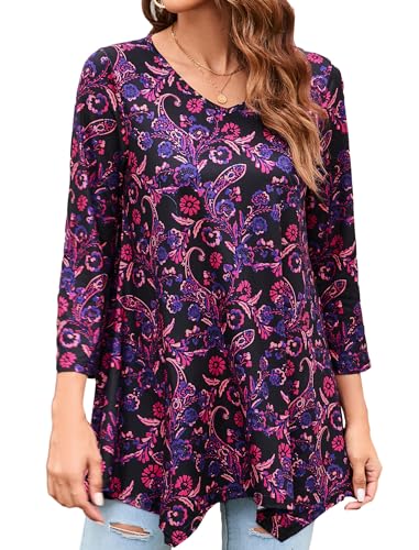 Enmain Damen Tunika Langarm 3/4 Ärmel V Ausschnitt Longbluse Musterdruck Lange Oberteile Für Frauen Große Größen Shirt Tuniken Blusen Blumen,Schwarz,XXL von Enmain