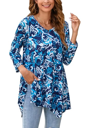 Enmain Damen Tunika Langarm 3/4 Ärmel V Ausschnitt Longbluse Musterdruck Lange Oberteile für Frauen Große Größen Shirt Tuniken Blusen,Blau,2XL von Enmain