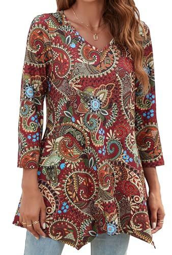 Enmain Damen Tunika Langarm 3/4 Ärmel V Ausschnitt Longbluse Musterdruck Lange Oberteile für Frauen Große Größen Shirt Tuniken Blusen,Burgunderrot,M von Enmain