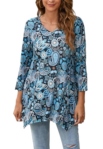 Enmain Damen Tunika Langarm 3/4 Ärmel V Ausschnitt Longbluse Musterdruck Lange Oberteile für Frauen Große Größen Shirt Tuniken Blusen,Hellblau,3XL von Enmain