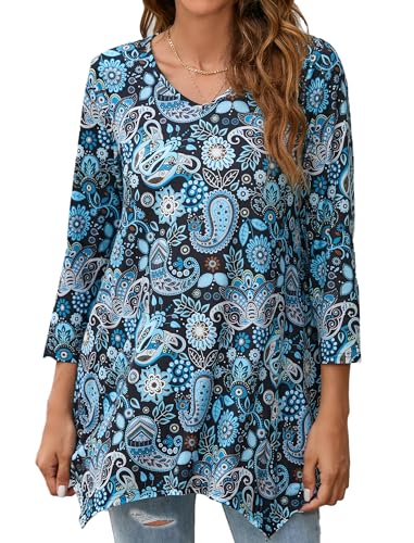 Enmain Damen Tunika Langarm 3/4 Ärmel V Ausschnitt Longbluse Musterdruck Lange Oberteile für Frauen Große Größen Shirt Tuniken Blusen,Hellblau,XL von Enmain