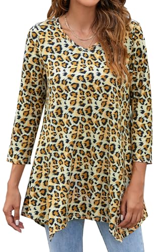 Enmain Damen Tunika Langarm 3/4 Ärmel V Ausschnitt Longbluse Musterdruck Lange Oberteile für Frauen Große Größen Shirt Tuniken Blusen,Leopard,2XL von Enmain