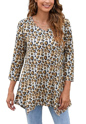 Enmain Damen Tunika Langarm 3/4 Ärmel V Ausschnitt Longbluse Musterdruck Lange Oberteile für Frauen Große Größen Shirt Tuniken Blusen,Leopard,L von Enmain