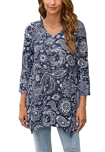 Enmain Damen Tunika Langarm 3/4 Ärmel V Ausschnitt Longbluse Musterdruck Lange Oberteile für Frauen Große Größen Shirt Tuniken Blusen,Marineblau,M von Enmain