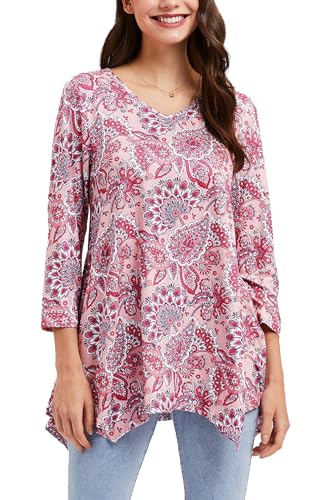 Enmain Damen Tunika Langarm 3/4 Ärmel V Ausschnitt Longbluse Musterdruck Lange Oberteile für Frauen Große Größen Shirt Tuniken Blusen,Rosa,3XL von Enmain