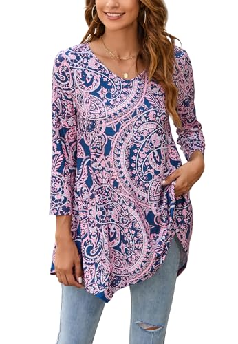 Enmain Damen Tunika Langarm 3/4 Ärmel V Ausschnitt Longbluse Musterdruck Lange Oberteile für Frauen Große Größen Shirt Tuniken Blusen,Rosa & Blau,2XL von Enmain