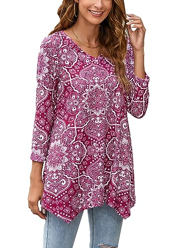 Enmain Damen Tunika Langarm 3/4 Ärmel V Ausschnitt Longbluse Musterdruck Lange Oberteile für Frauen Große Größen Shirt Tuniken Blusen,Rot,2XL von Enmain