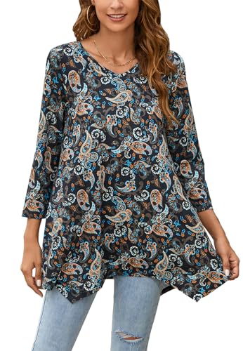 Enmain Damen Tunika Langarm 3/4 Ärmel V Ausschnitt Longbluse Musterdruck Lange Oberteile für Frauen Große Größen Shirt Tuniken Blusen,Schwarz und Braun,2XL von Enmain