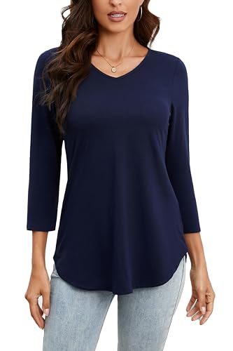 Enmain Damen Tunika Langarm Dunkelblau V-Ausschnitt Tops Große Größen 3/4 Ärmel Longbluse Tuniken Top Elegant Oberteile für Frauen Marineblau 3XL von Enmain