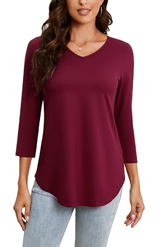 Enmain Damen Tunika Langarm Dunkelrot V-Ausschnitt Tops Große Größen 3/4 Ärmel Longbluse Tuniken Top Elegant Oberteile für Frauen Burgunderrot M von Enmain