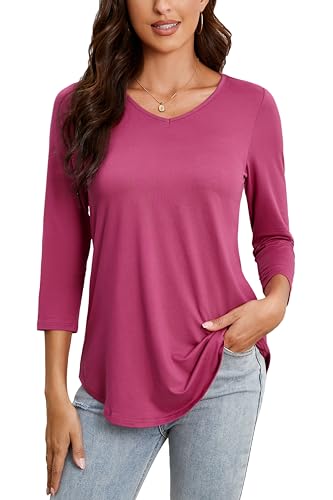 Enmain Damen Tunika Langarm Große Größen - 3/4 Ärmel V Ausschnitt Heißes Rosa Longbluse Tunika-Tops Elegant Oberteile für Frauen Heißes Rosa 3XL von Enmain