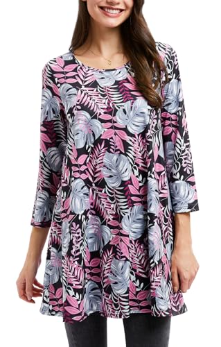 Enmain Damen Tunika Langarm Große Größen 3/4 Arm Bluse Longshirt Blumen Longbluse Tuniken Oberteil Tops Elegant Lässig Rosa & Grau 5XL von Enmain