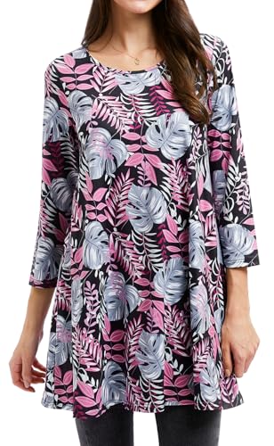 Enmain Damen Tunika Langarm Große Größen 3/4 Arm Bluse Longshirt Blumen Longbluse Tuniken Oberteil Tops Elegant Lässig Rosa & Grau XL von Enmain