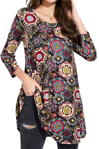 Enmain Damen Tunika Langarm Große Größen 3/4 Arm Blusen Tuniken Für Frauen Blumen Longshirt Longbluse Elegant Lässig Oberteil Schwarz 2XL von Enmain