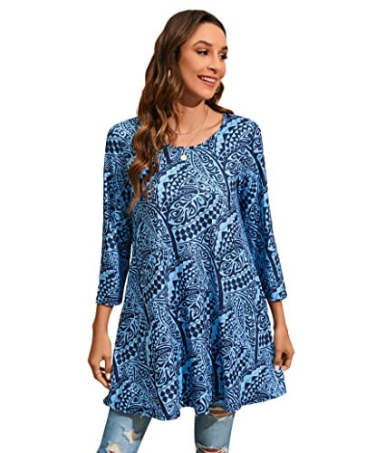 Enmain Damen Tunika Langarm Große Größen Elegant Blusen Tuniken Für Frauen Weihnachten Festliche Bluse Long Oberteil Shirt,Blau,2XL von Enmain