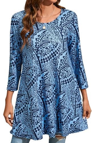 Enmain Damen Tunika Langarm Große Größen Elegant Blusen Tuniken Für Frauen Weihnachten Festliche Bluse Long Oberteil Shirt,Blau,XL von Enmain