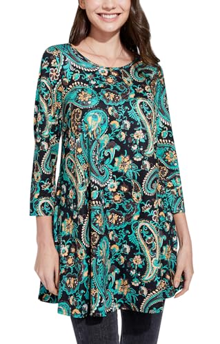 Enmain Damen Tunika Langarm Große Größen Herbst 3/4 Arm Longshirt Longbluse Paisley Bluse Oberteil Tops Elegant Lässig Schwarz & Grün M von Enmain