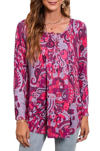 Enmain Damen Tunika Langarm Mit Kleinem V-Ausschnitt - Lose Longline Oberteile Übergröße T-Shirt Bluse Mit Knöpfen Und Blumendruck, L1-Burgund/Lila, L von Enmain