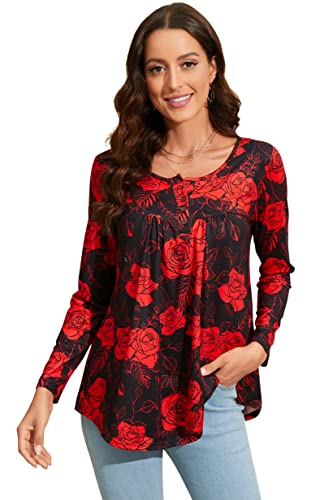 Enmain Damen Tunika Langarm Kleiner V-Ausschnitt Tunika Oberteile für Leggings Lose Longline Damen Tunika Bluse Übergröße T-Shirt Bluse mit Knöpfen Blumendruck Damen T-Shirt,L1-Rot/Schwarz,2XL von Enmain