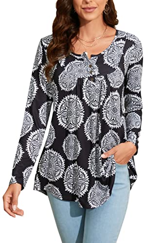 Enmain Damen Tunika Langarm Lose Tunika Tops für Leggings Longline Damen V-Ausschnitt Tunika Bluse Übergröße T-Shirt Bluse mit Knöpfen Blumenbedrucktes Damen T-Shirt,L1-Schwarz/Weiß,L von Enmain