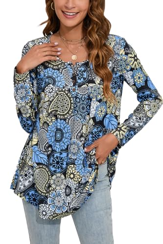 Enmain Damen Tunika Langarm Lose Tunika für Leggings Damen V-Ausschnitt Tunika Bluse Übergröße Shirts Bluse mit Knöpfen Blumendruck Damen,L1-Blau/Schwarz,2XL von Enmain