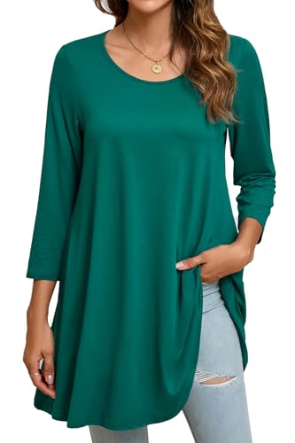 Enmain Damen Tunika Langarm Oberteile für Damen Dreiviertel Langarm Blusen Tuniken Longline Bluse Longshirt Casual Rundhals Swing Tunika Grün, XL von Enmain