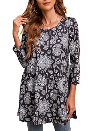 Enmain Damen Tunika Langarm Große Größen Elegant Blusen Tuniken Für Frauen Weihnachten Festliche Bluse Long Paisley Oberteil Shirt,Schwarz & Weiß,L von Enmain