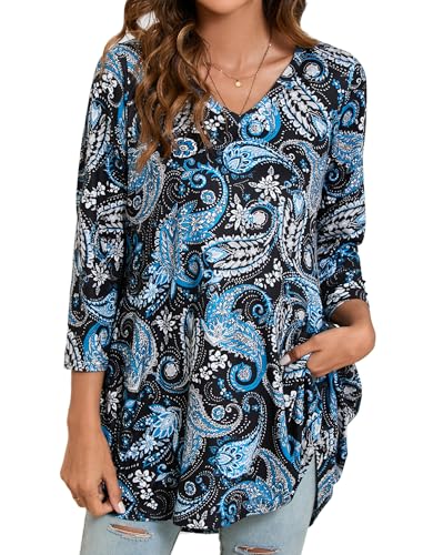Enmain Damen Tunika Langarm Tunika Blusen 3/4 Ärmel V Ausschnitt Paisley Longshirt Longbluse Damen Lässig Große Größen Elegant Longline Bluse Festliche Schwarz&Blau, L von Enmain