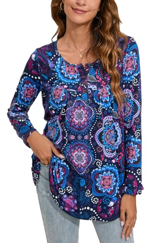 Enmain Damen Langarm V-Ausschnitt Tunika Bluse Übergröße Shirts Mit Knöpfen Blumendruck, L1-Dunkelviolett, 3XL von Enmain
