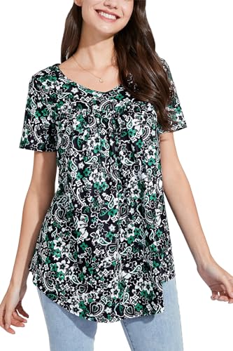 Enmain Damen-Tunika-Oberteil, kurzärmlig, Bluse, lässig, Sommer, V-Ausschnitt, Blumenmuster, Oberteil für Frauen, Plissiertes Longline-Shirt, lockere Passform, M von Enmain