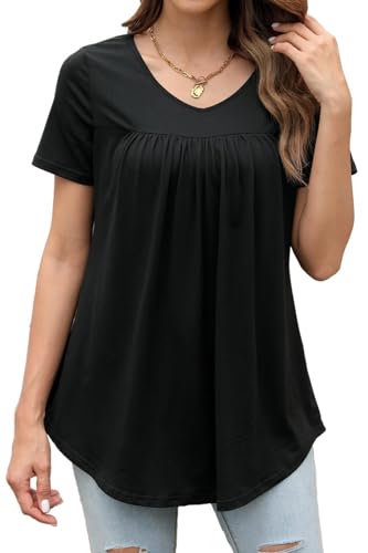 Enmain Damen-Tunika-Oberteil, kurzärmlig, Bluse, lässig, Sommer, V-Ausschnitt, Blumenmuster, Oberteil für Frauen, Plissiertes Longline-Shirt, lockere Passform, Schwarz, M von Enmain