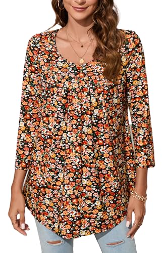 Enmain Damen Tunika Oberteil 3/4 Langarm lässige Tuniken für Damen lockerer V-Ausschnitt Plissierte Blusen Hemden Orange M von Enmain