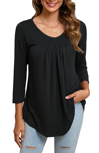 Enmain Damen Tunika Oberteil 3/4 Langarmbluse lässiger V-Ausschnitt einfarbiges Oberteil für Frauen Plissiertes Longline-Shirt lockere Passform Schwarz XL von Enmain