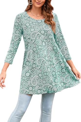 Enmain Damen Tunika Top 3/4 Langarm Blusen Tuniken Casual Longbluse Elegante Rundhals Swing Tunika Tops für Damen Dunkelgrün M von Enmain