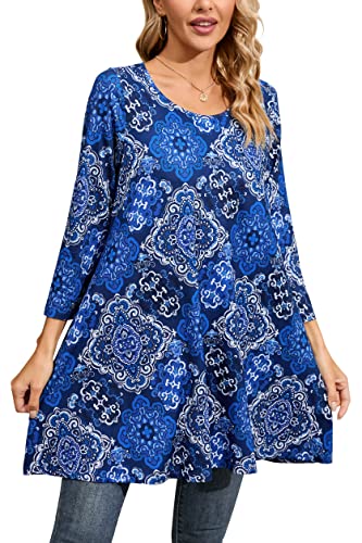 Enmain Damen Tunika Top 3/4 Langarm Blusen Tuniken Longline Bluse Longshirt Casual Elegante Rundhals Swing Tunika Tops für Damen Blau 3XL von Enmain