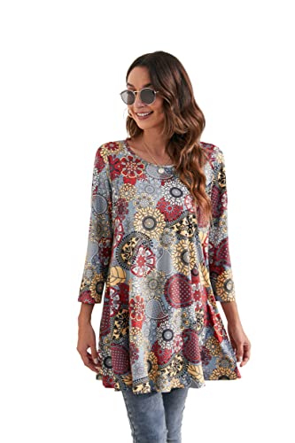 Enmain Damen Tunika Top 3/4 Langarm Blusen Tuniken Longline Bluse Longshirt Casual Elegante Rundhals Swing Tunika Tops für Damen Grau 5XL von Enmain