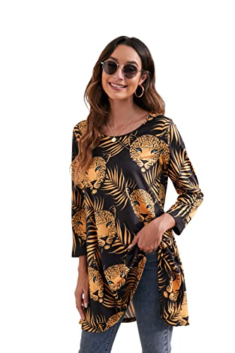 Enmain Damen Tunika Top 3/4 Langarm Blusen Tuniken Longline Bluse Longshirt Casual Elegante Rundhals Swing Tunika Tops für Damen Schwarz von Enmain