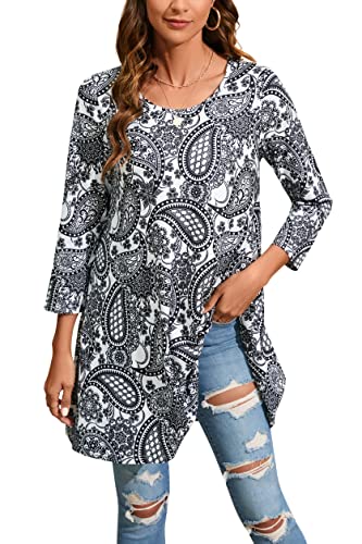 Enmain Damen Tunika Top 3/4 Langarm Blusen Tuniken Longline Bluse Longshirt Casual Elegante Rundhals Swing Tunika Tops für Damen Weiß/Schwarz S von Enmain